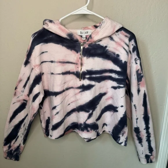 NWT OLI VIV Corey Tie Dye Quarter Zip Crop Hoodie Mauve Navy Cotton Loungewear L - Picture 7 of 15